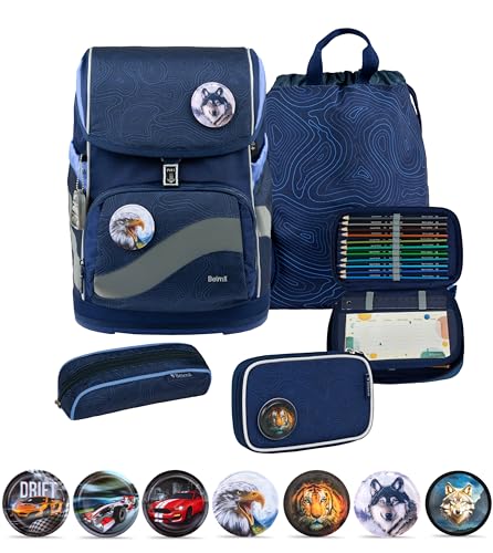 Belmil Premium Smarty Plus Schulranzen Set 6 teilig mit STABILO Stiften und GRATIS Patch Set (405-51/P/S/P) (Topographic) von Belmil