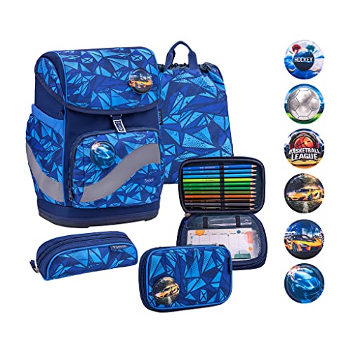 Belmil Premium Smarty Plus ergonomisches Schulranzen Set 5-teilig mit Patch Set 6 Stück, AGR, Brustgurt, Hüftgurt, Magnetverschluss (405-51/P/S Glacier Blue) von Belmil