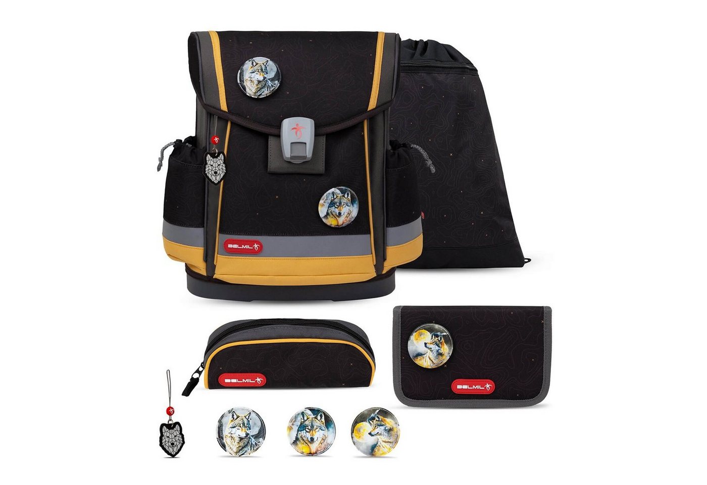 Belmil Rucksack Rucksack Classy Plus ergonomisches Schulranzen-Set 5-tei. Wolves Sand von Belmil