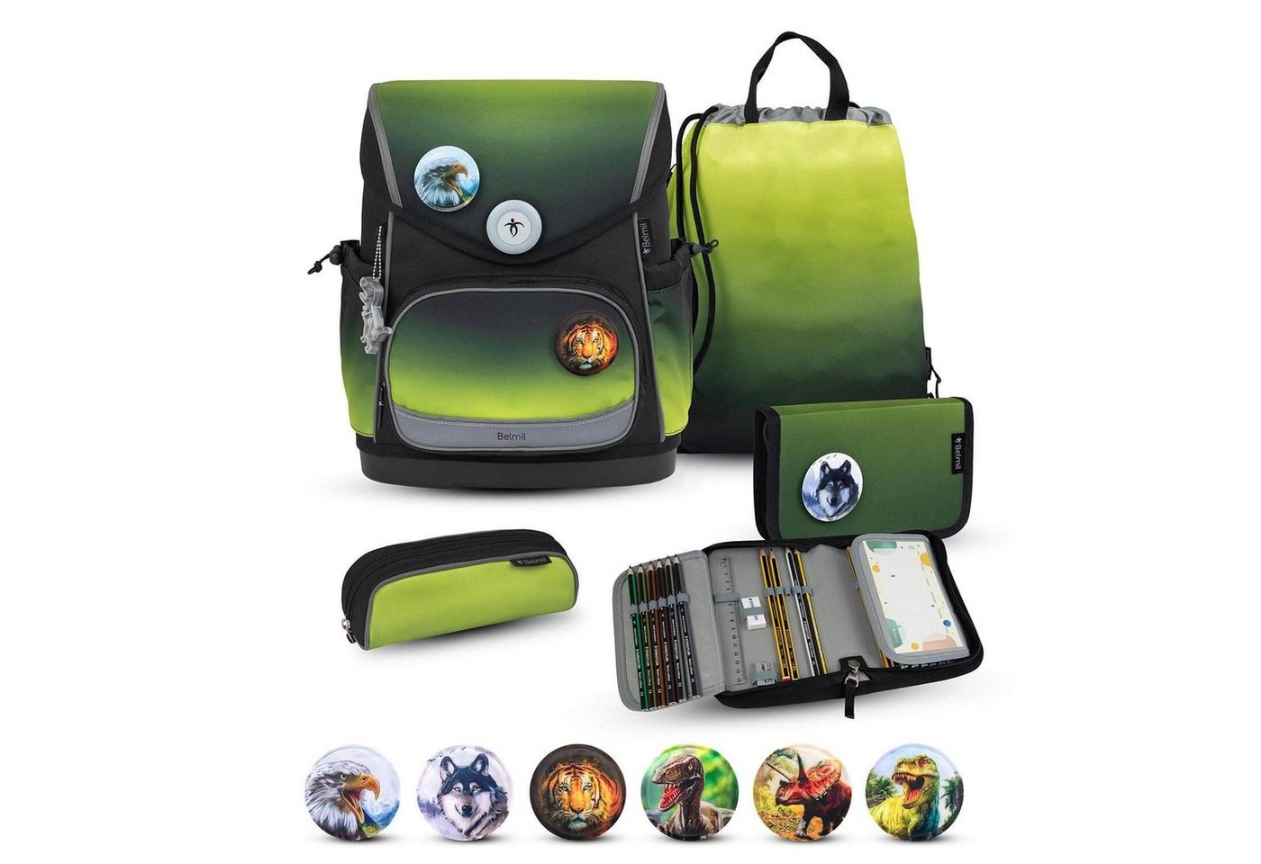 Belmil Rucksack Rucksack Compact Plus Premium Schulranzen Set 5-t. Black Green Tasche von Belmil