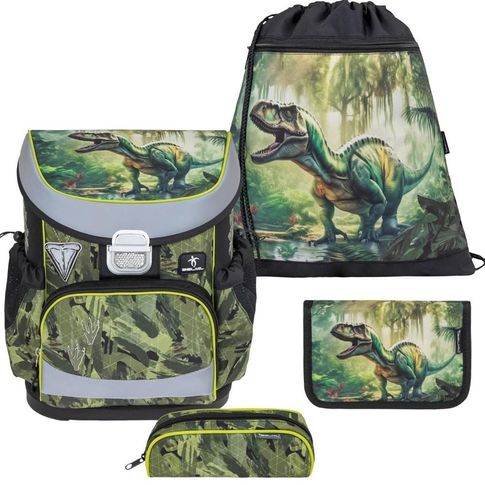 Belmil Schulranzen BELMIL Schulranzen-Set MINI-FIT 4tlg mit Regenhaube (Set, 4-tlg., mit Sportbeutel, Federtasche, Schlamper, Brustgurt), Dino Dinosaurier, Grundschule, Einschulung, für Jungen von Belmil