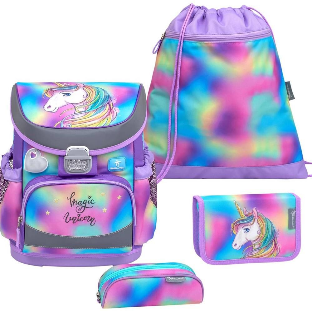 Belmil Schulranzen BELMIL Schulranzen-Set MINI-FIT 4tlg mit Regenhaube (Set, 4-tlg., mit Sportbeutel, Federtasche, Schlamper, Brustgurt), Einhorn mit Regenbogenmähne, Einschulung, Grundschule, für Mädchen von Belmil