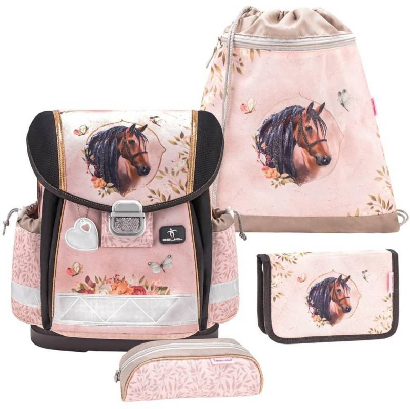 Belmil Schulranzen "Classy 2024" (inkl. Regenhaube), Pferd, 4tlg. Set ab 1. Klasse, Grundschule, Einschulung, für Mädchen von Belmil