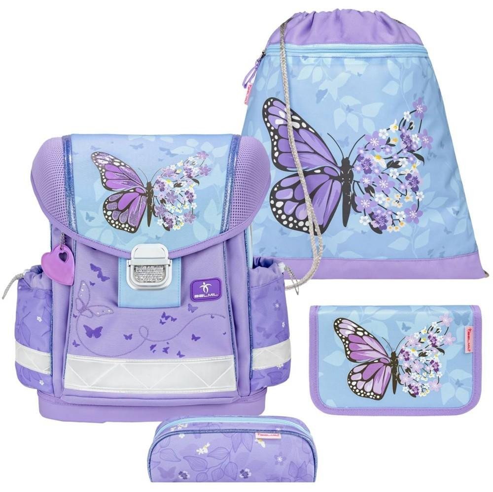 Belmil Schulranzen "Classy 2024" (inkl. Regenhaube), Schmetterlinge, 4tlg.,1. Klasse, Grundschule, Einschulung, Mädchen von Belmil
