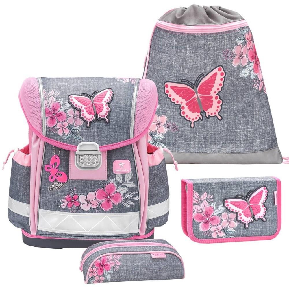 Belmil Schulranzen "Classy 2024" (inkl. Regenhaube), Schmetterlinge Blumen, 4tlg., 1. Klasse, Grundschule, Einschulung von Belmil