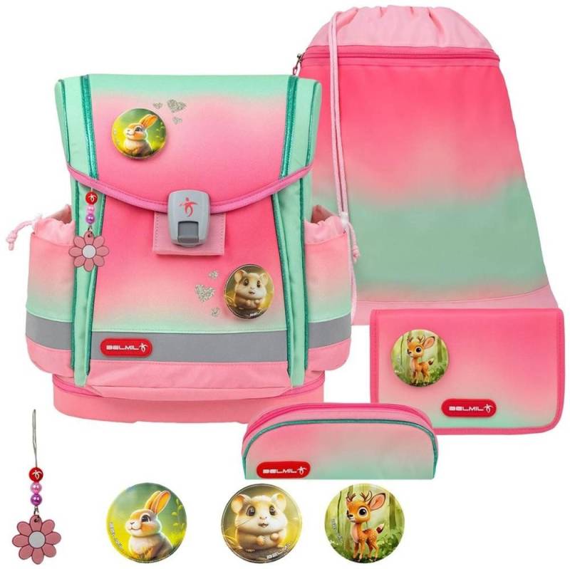 Belmil Schulranzen "Classy Plus" 2025 mit Magnetverschluss, 4tlg. Set ab 1. Klasse, Grundschule, für Mädchen "Mint Rose Ombre" von Belmil