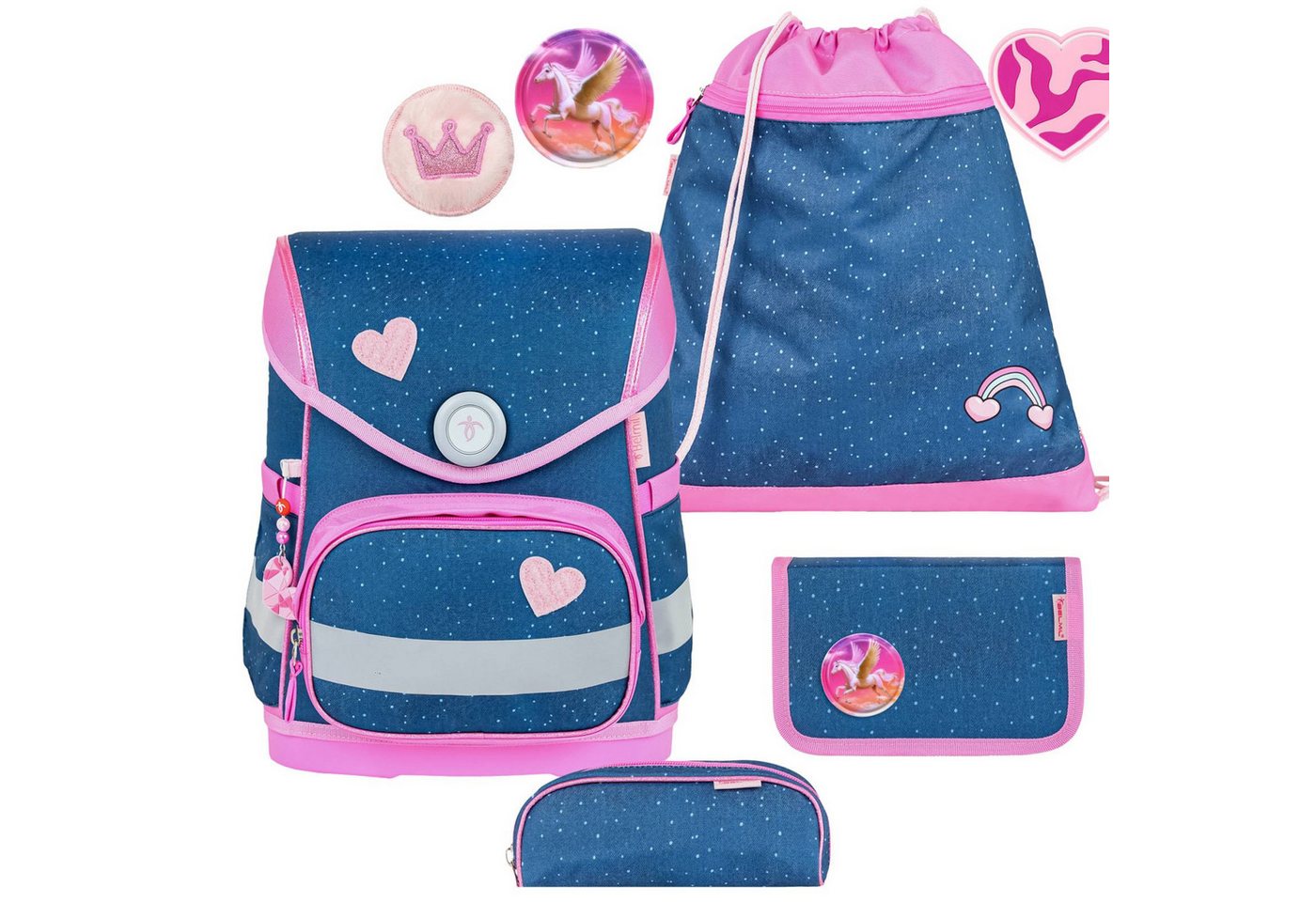 Belmil Schulranzen "Compact mit Patch" 2026 mit Magnetschloss 1. Klasse neue Designs (4-tlg), 19 Liter Volumen, Einschulung, Grundschule, für Mädchen von Belmil