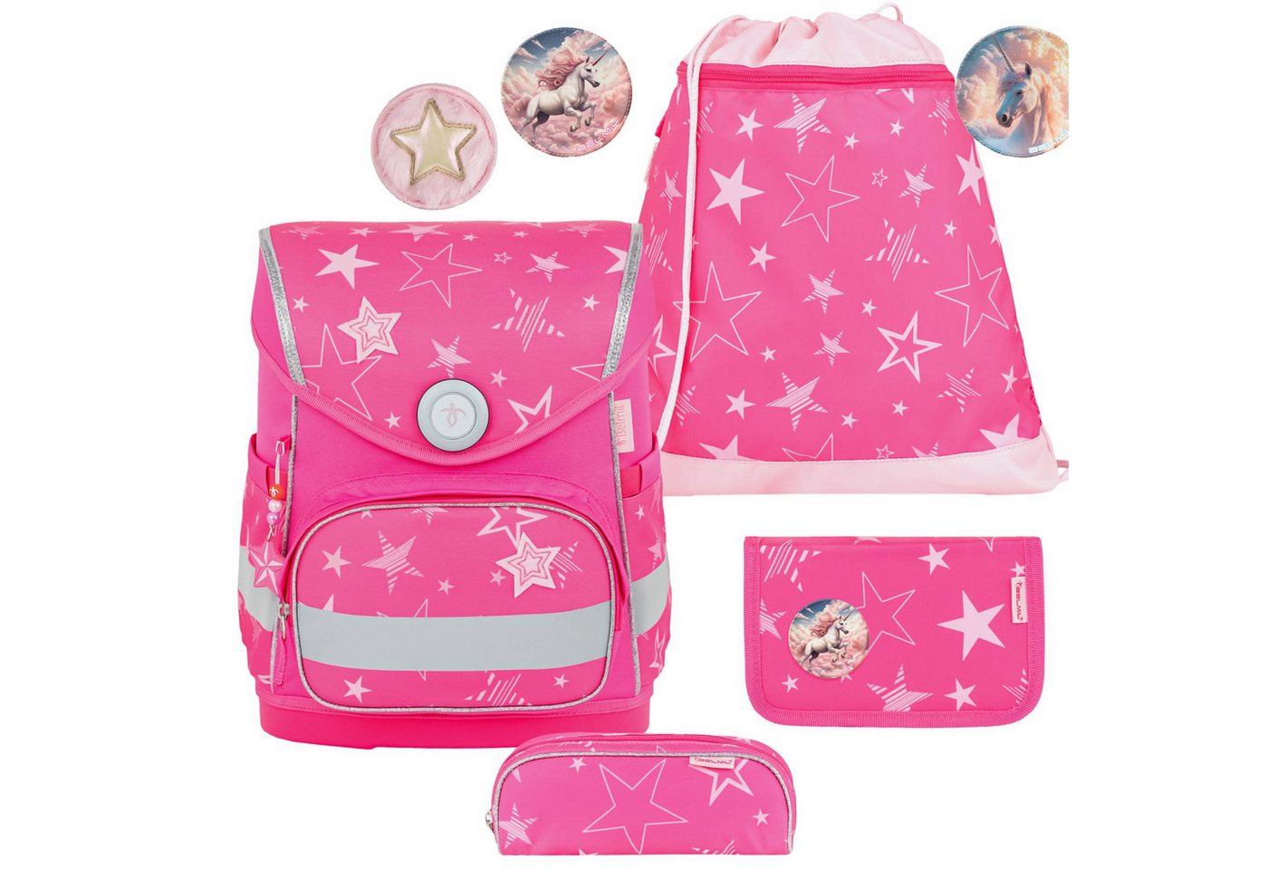 Belmil Schulranzen "Compact mit Patch" 2026 mit Magnetschloss 1. Klasse neue Designs (4-tlg), 19 Liter Volumen, Einschulung, Grundschule, für Mädchen von Belmil