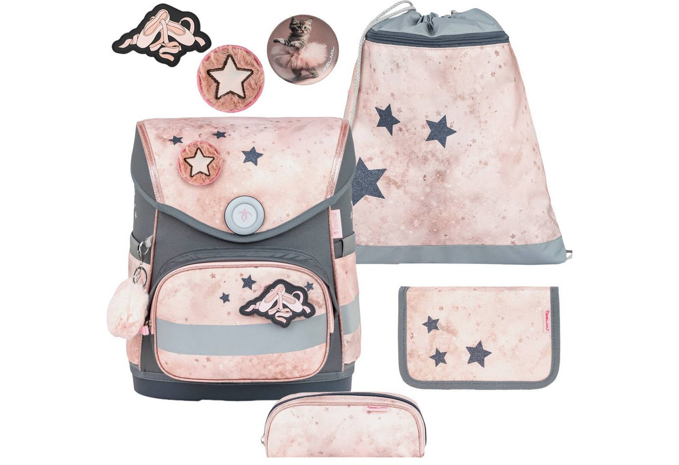 Belmil Schulranzen "Compact mit Patch" 2026 mit Magnetschloss 1. Klasse neue Designs (4-tlg), 19 Liter Volumen, Einschulung, Grundschule, für Mädchen von Belmil