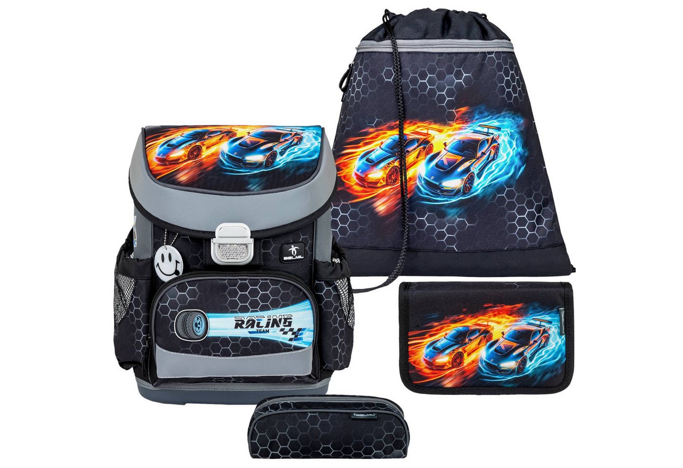Belmil Schulranzen "Mini-Fit" 2026 für kleine Kinder 1. Klasse (Set, 4-tlg., mit Sportbeutel, Federtasche, Schlamper, Brustgurt), 4tlg. Set ab 1. Klasse, Grundschule, Einschulung, Jungen und Mädchen von Belmil