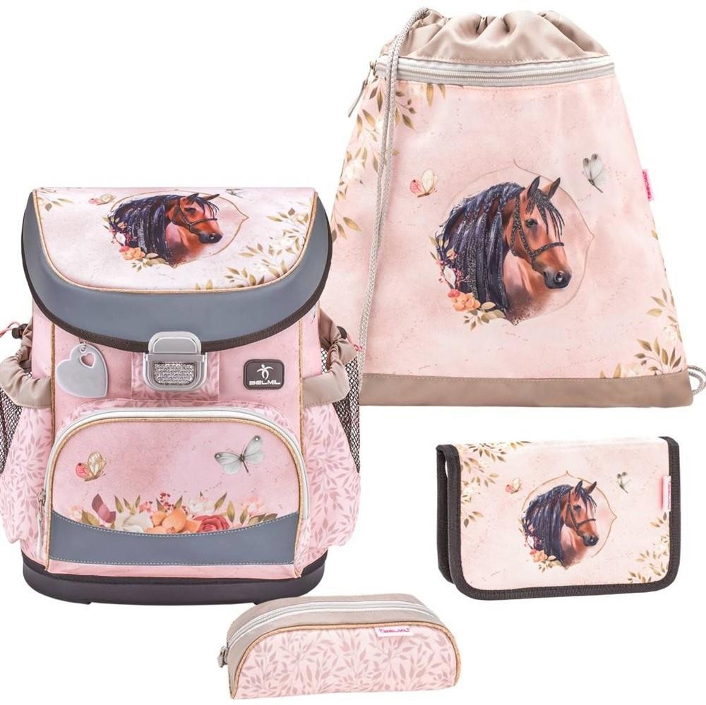 Belmil Schulranzen "Mini-Fit" 2026 für kleine Kinder 1. Klasse (Set, 4-tlg., mit Sportbeutel, Federtasche, Schlamper, Brustgurt), Pferd, Grundschule, Einschulung, für Mädchen von Belmil