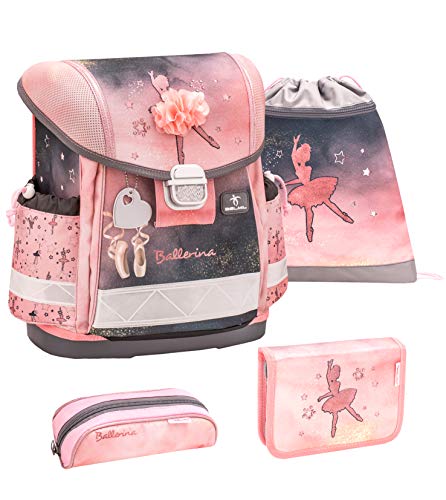 Belmil Schulranzen Set 4 - teilig ergonomischer Schulranzen Mädchen 1. klasse 2. klasse 3. klasse - Super Leicht 860-950 g/Grundschule/Ballerina/Pink, Schwarz (403-13 Ballerina Black and pink) von Belmil