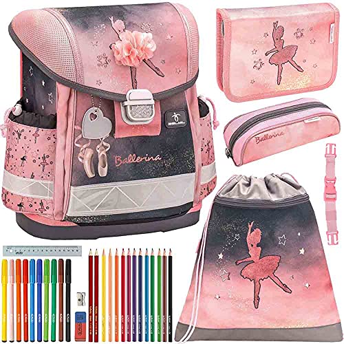 Belmil Schulranzen Set 5 - teilig ergonomischer Schulranzen Mädchen 1. klasse 2. klasse 3. klasse - Super Leicht 860-950 g/Grundschule/Ballerina/Pink, Schwarz (403-13 Ballerina Black and pink) von Belmil