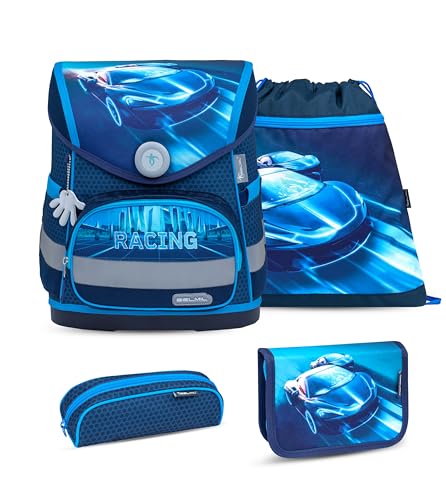 Belmil ergonomischer Schulranzen Set 4 -teilig für Jungen 1-4 Klasse Grundschule/Brustgurt/Magnetverschluss (405-41 Racing Blue Neon) von Belmil