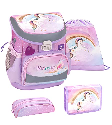 Belmil ergonomischer Schulranzen Set 4 -teilig für Mädchen 1, 2 Klasse Grundschule/Super Leicht 800-860 g/Brustgurt/Einhorn, Regenbogen/Lila, Rosa (405-33 Rainbow Unicorn) von Belmil