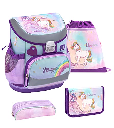 Belmil ergonomischer Schulranzen Set 4 -teilig für Mädchen 1, 2 Klasse Grundschule/Super Leicht 800-860 g/Brustgurt/Einhorn, Regenbogen/Lila, Rosa (405-33 Rainbow Unicorn Magic) von Belmil