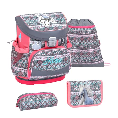 Belmil ergonomischer Schulranzen Set 4 -teilig für Mädchen 1, 2 Klasse Grundschule/Super Leicht 800-860 g/Brustgurt / (405-33 Horse Aruba Blue) von Belmil