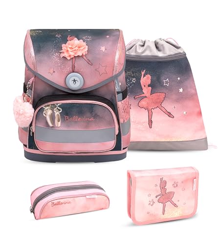 Belmil ergonomischer Schulranzen Set 4 -teilig für Mädchen 1-4 Klasse Grundschule/Brustgurt/Magnetverschluss (405-41 Ballerina Black Pink) von Belmil