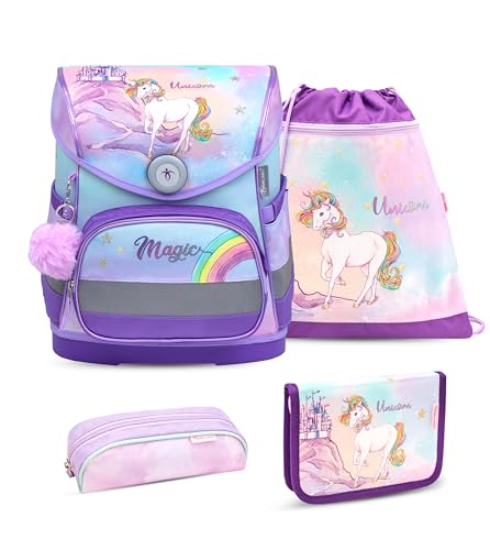 Belmil ergonomischer Schulranzen Set 4 -teilig für Mädchen 1-4 Klasse Grundschule/Brustgurt/Magnetverschluss (405-41 Rainbow Unicorn Magic) von Belmil