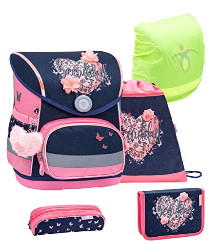 Belmil ergonomischer Schulranzen Set mit Regenschutz 5 -teilig für Kinder 1-4 Klasse Grundschule/Brustgurt/Magnetverschluss (Beautiful Flowers) von Belmil