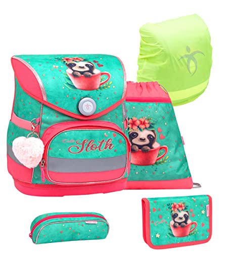 Belmil ergonomischer Schulranzen Set mit Regenschutz 5 -teilig für Kinder 1-4 Klasse Grundschule/Brustgurt/Magnetverschluss (Cute Sloth) von Belmil