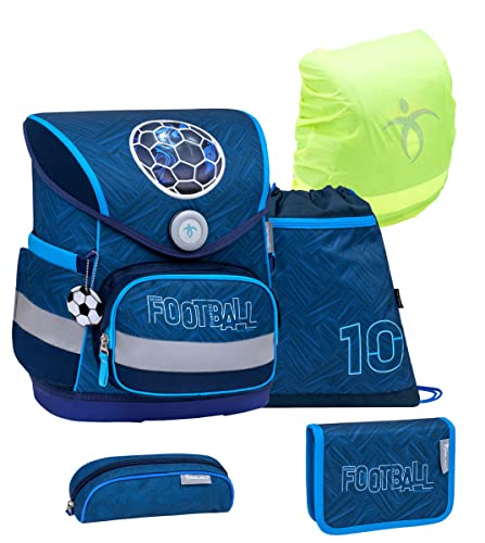 Belmil ergonomischer Schulranzen Set mit Regenschutz 5 -teilig für Kinder 1-4 Klasse Grundschule/Brustgurt/Magnetverschluss (Football Champions) von Belmil