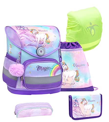 Belmil ergonomischer Schulranzen Set mit Regenschutz 5 -teilig für Kinder 1-4 Klasse Grundschule/Brustgurt/Magnetverschluss (Rainbow Unicorn Magic) von Belmil