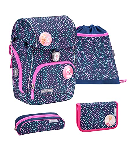 Belmil ergonomischer Schulrucksack Schulranzen Set 5-teilig für Mädchen mit PATCH Set, Brustgurt, Hüftgurt, Magnetverschluss/ AGR / Blau, Pink (405-73 Amazing Polka Dots 2) von Belmil