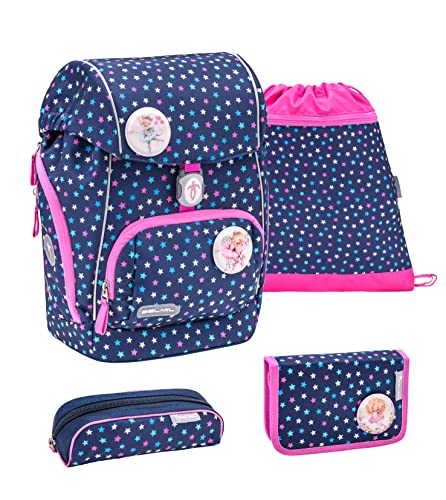 Belmil ergonomischer Schulrucksack Schulranzen Set 5-teilig für Mädchen Für kleine Kinder, Erstklässler mit Patch Set, Brustgurt, Hüftgurt, Magnetverschluss/AGR/Blau, Pink (405-73 Stars) von Belmil