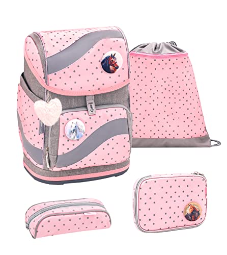 Belmil ergonomischer Schulrucksack Schulranzen Set 5-teilig mit Patch Set, Brustgurt, Hüftgurt, Magnetverschluss/AGR (405-51/AG/S Pink Dots 2) von Belmil