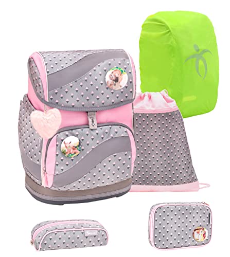 Belmil ergonomischer Schulrucksack Schulranzen Set 6-teilig mit Patch Set, Regenschutz, Brustgurt, Hüftgurt, Magnetverschluss/AGR (Favourite Pet 2) von Belmil