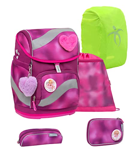 Belmil ergonomischer Schulrucksack Schulranzen Set 6-teilig mit Patch Set, Regenschutz, Brustgurt, Hüftgurt, Magnetverschluss/AGR (Shiny Pink) von Belmil