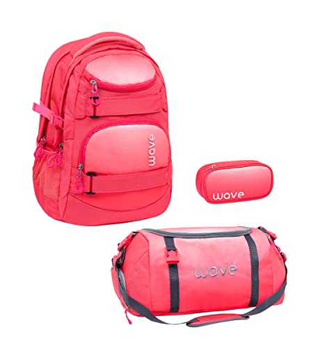 Wave Infinity Schulrucksack Set 3 - teilig mit Laptopfach Tabletfach / 43 x 31 x 22 cm / 30 Liter/Unisex Mädchen Jungen/Rucksack Daypack (338-72/A Set2 Ombre Coral Paradise) von Belmil