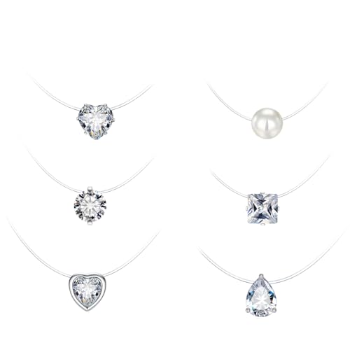 Belons 6 Stück Damen Halsketten Transparente Nylonkette Choker Halskette Schwebender Stein Kette Solitär Zirkonia Perle Anhänger Halskette für Mädchen Frauen von Belons
