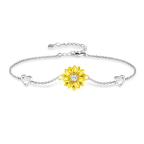 Belons Damen Armband 925 Sterling Silber Zirkonia Sonnenblume Herzen Charm Armband Mädchen Armkette Armkettchen Kinder Armschmuck von Belons