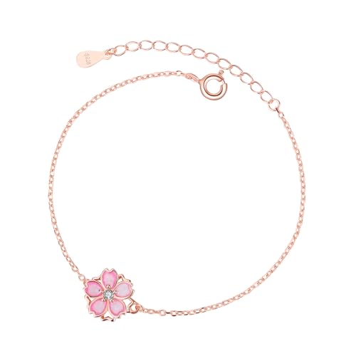 Belons Damen Armband Kirschblüte 925 Sterling Silber Zirkonia Drehbar Sakura Charm Armband Mädchen Armkette Armkettchen Kinder Fußkettchen von Belons