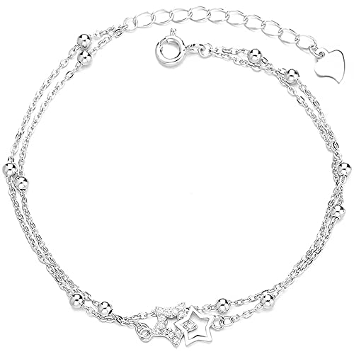 Belons Damen Armband Stern 925 Sterling Silber Zirkonia Sternchen Charm Armband Mädchen Armkette Armkettchen Kinder Fußkettchen von Belons