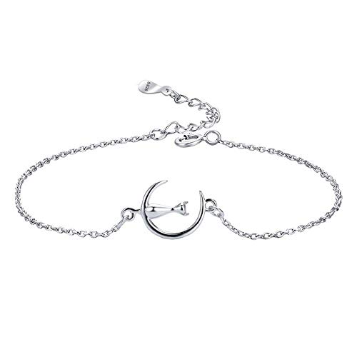 Belons Damen Charm Armband 925 Sterling Silber Katze Kätzchen auf Mond Armkette Mädchen Armkettchen Kinder Fußkettchen von Belons