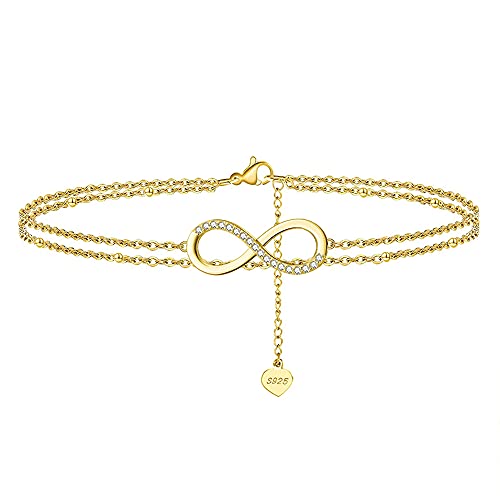 Belons Damen Fußkettchen 925 Sterling Silber Zirkonia Unendlichkeit Infinity Herz Mädchen Fußkettchen Charm Knöchel Armband Doppel Fußketten, Gold von Belons