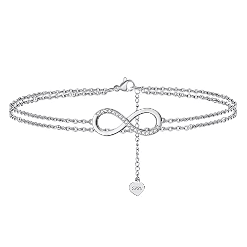 Belons Damen Fußkettchen 925 Sterling Silber Zirkonia Unendlichkeit Infinity Herz Mädchen Fußkettchen Charm Knöchel Armband Doppel Fußketten, Silber von Belons