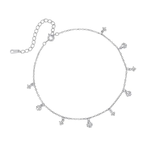 Belons Damen Fußkettchen 999 Sterling Silber Zirkonia Vierblättriges Kleeblatt Fußkette Mädchen Charm Knöchel Armband Verstellbare Fußkette von Belons