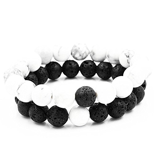 Belons Damen Herren Stretcharmbänder 8mm/10mm Weiß & Schwarz Beads Perlen Lava-Stein Energiearmband Partnerarmbänder Set, 2 Stücke (Schwarz-Weiß(10mm)) von Belons