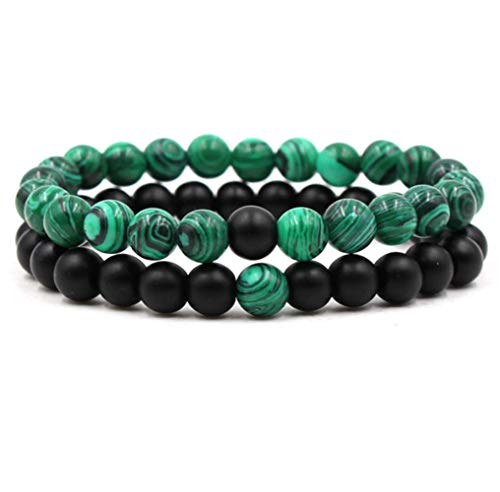 Belons Damen Herren Stretcharmbänder 8mm Grün Malachit & Schwarz Matt Achat Beads Energiearmband Partnerarmbänder Set, 2 Stücke von Belons