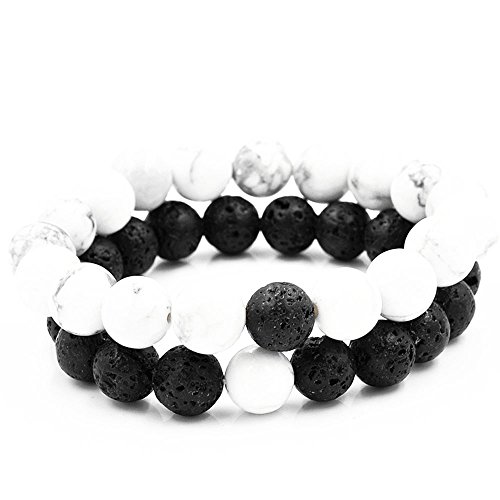 Belons Damen Herren Stretcharmbänder 8mm/10mm Weiß & Schwarz Beads Perlen Lava-Stein Energiearmband Partnerarmbänder Set, 2 Stücke (Schwarz-Weiß(8mm)) von Belons