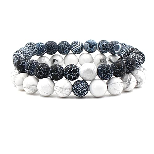 Belons Damen Herren Stretcharmband 8mm Verwitterte Steine Beads Kugeln Energiearmband Armreifen Partnerarmbänder Set, 2 Stücke von Belons