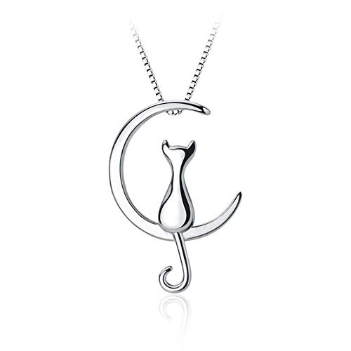 Belons Damen Kette 925 Sterling Silber Zirkonia Katze auf Mond Anhänger Halskette Kette mit Anhänger Kätzchen Mondsichel von Belons