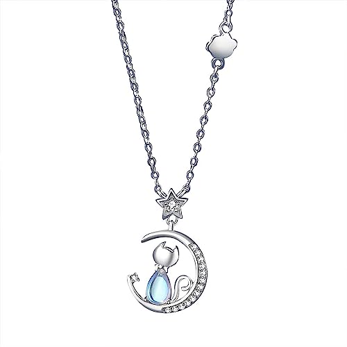 Belons Damen Kette 925 Sterling Silber Zirkonia Mondstein Katze Kätzchen Stern Mond Anhänger Halskette Kette mit Anhänger für Damen Mädchen von Belons