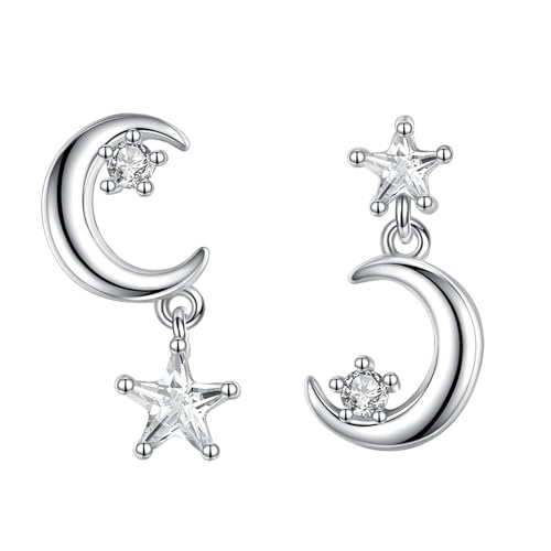 Belons Damen Ohrhänger 925 Sterling Silber Zirkonia Mond und Stern Ohrstecker Ohrringe Mädchen Hängende Ohrringe (Silber A) von Belons