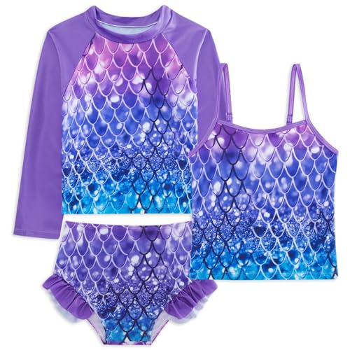 Belovecol 3-teiliger Badeanzug für Mädchen Rashguard Langärmliger Badeanzug Schwimm-Rüschenshorts Lila Bademode 9-10 Jahre von Belovecol