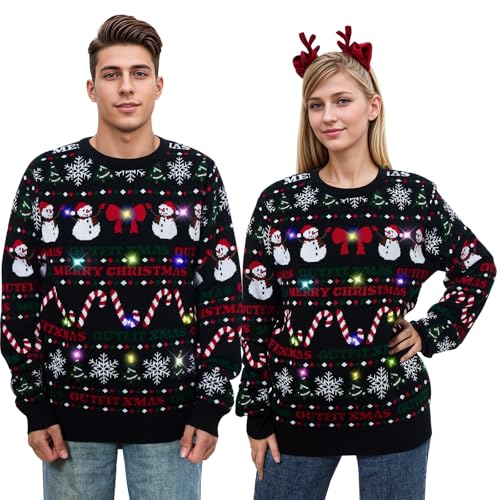 Belovecol 3D-Grafik hässlicher Weihnachtspullover lustiger Schneemann Rundhalsausschnitt schwarzer Pullover Sweatshirt für Männer und Frauen LED XL von Belovecol